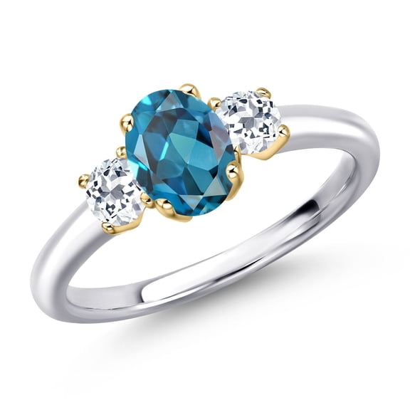 Gem Stone King 925 Silver and 10K Yellow Gold London Blue Topaz and White Topaz Engagement Ring for Women | 1.43 Cttw | Oval 7X5MM | Gemstone November Birthstone | Size 6