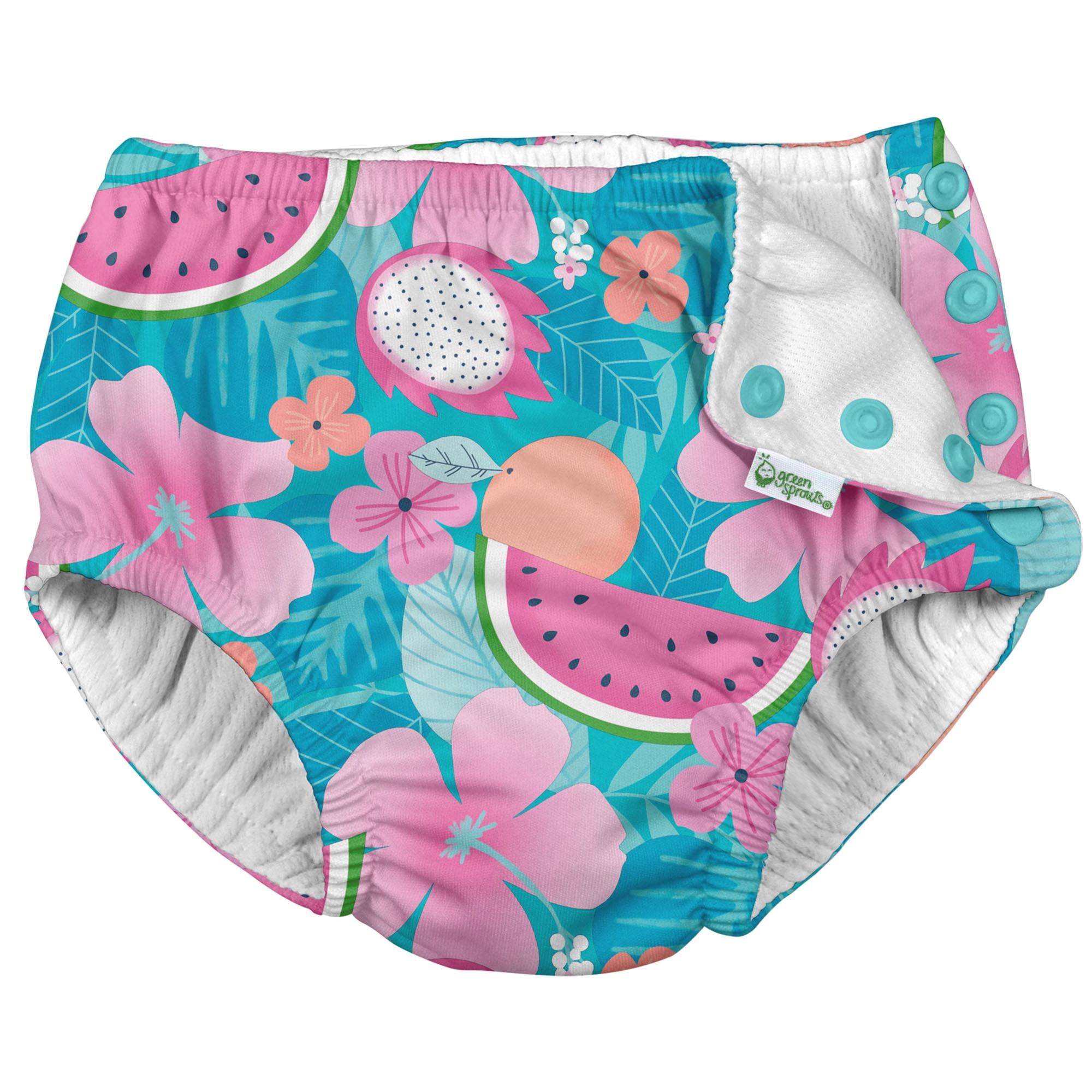 i Play (2 Pack) Girls Reusable Absorbent Baby Swim Diapers - Swimming Suit Bottom | No Other Diaper Necessary Aqua Tropical Fruit Floral and Coral 6 Months