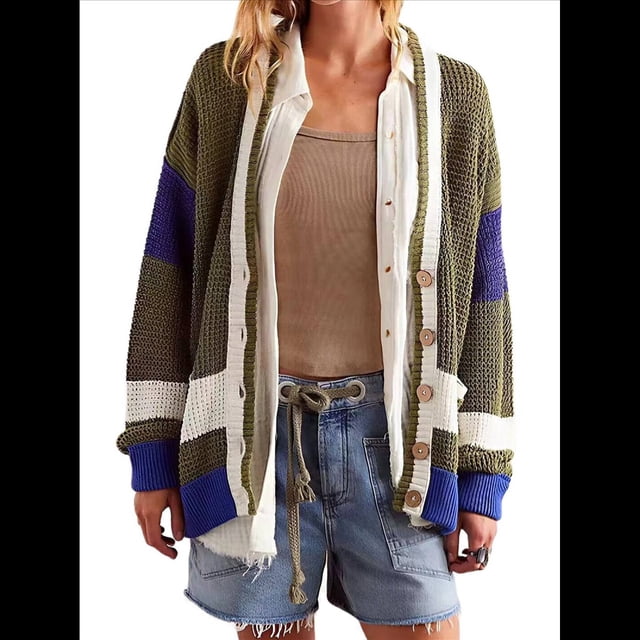 Suéteres Tipo Cárdigan con Cuello en V para Mujer, con Botones en Bloques de Color, de Gran Tamaño, de Larga, con Abertura Frontal, de Punto Verde Oliva S