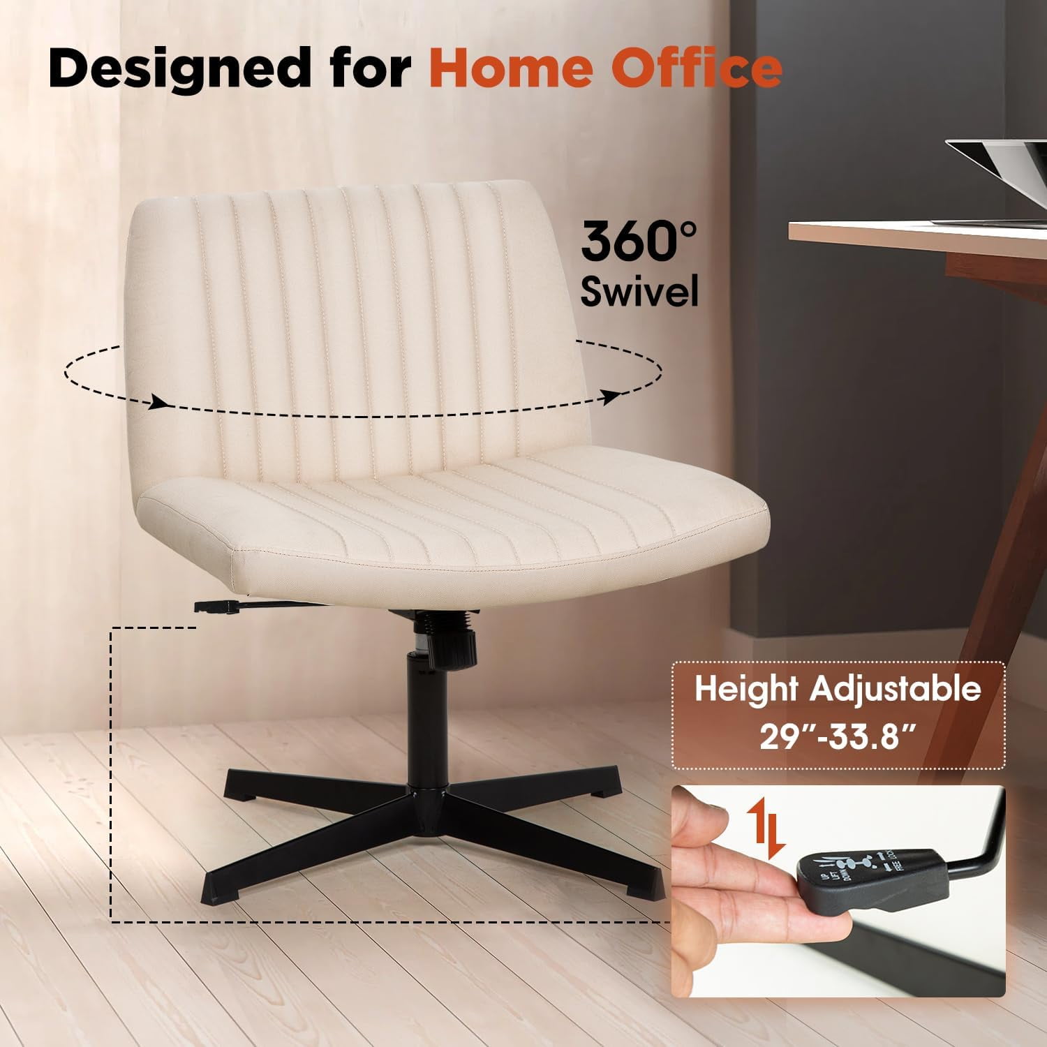YRLLENSDAN Criss Cross Chair Wide Desk Chair Comfy Computer Chair Vanity Chair Wide Office Chair No Wheels Cross Legged Office Chair Armless Office Chair, Beige