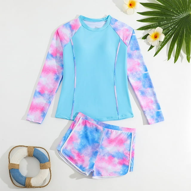 Kid Girl Swimwear Rash Guard Set Floral Printing Sun Protection Long Sleeve Baby Girl Bathing Suit 12-13 Years