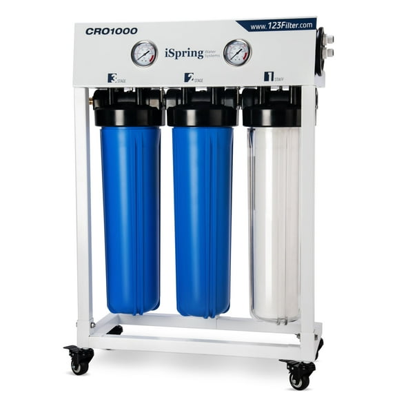 iSpring CRO1000 4-Stage Tankless Commercial Reverse Osmosis Drinking Water Filtration System for Restaurant and Small Business, 1000 GPD RO Membrane, 20-Inch Filters 3/4" NPT Inlet