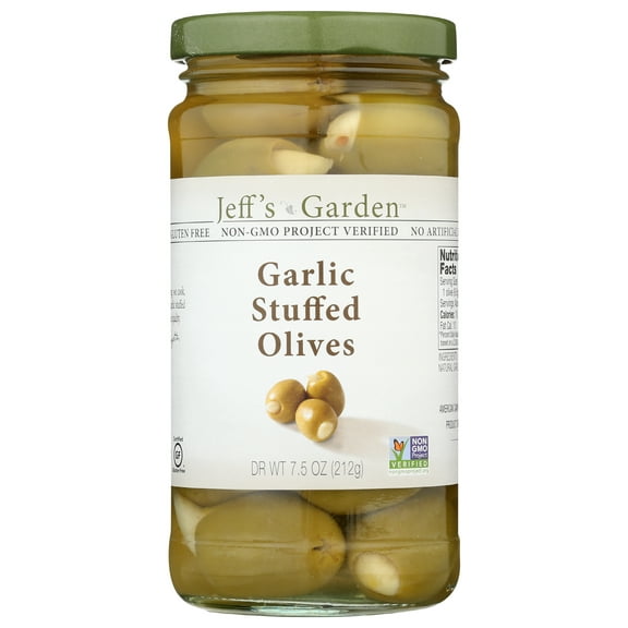 Pack of 6, Jeffs Garden Garlic Stuffed Olives, 7.5 oz