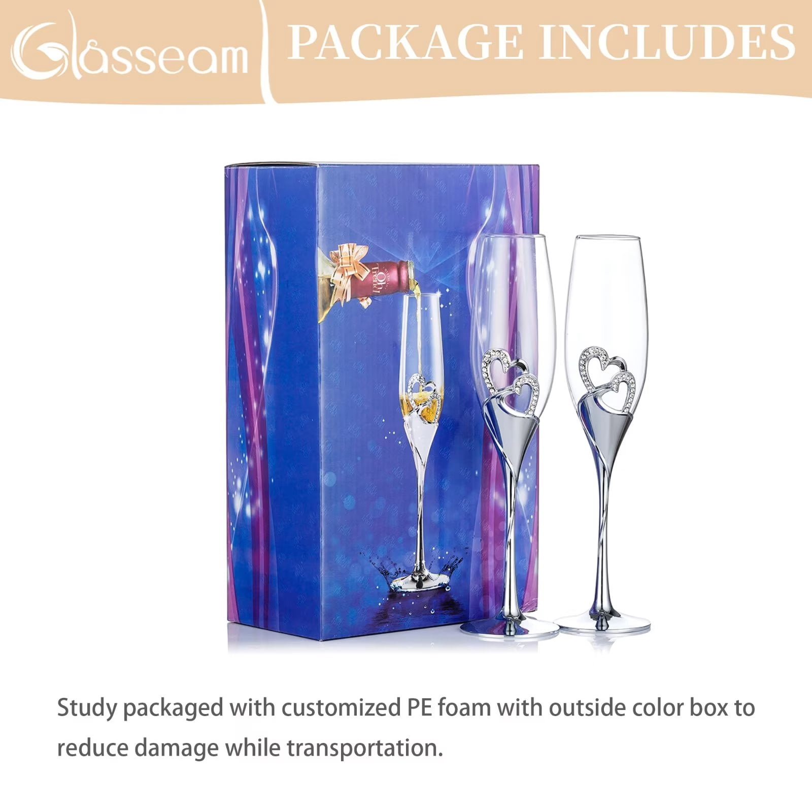 Glasseam Wedding Champagne Flutes Set of 2 Silver Toasting Glasses for Bride and Groom
