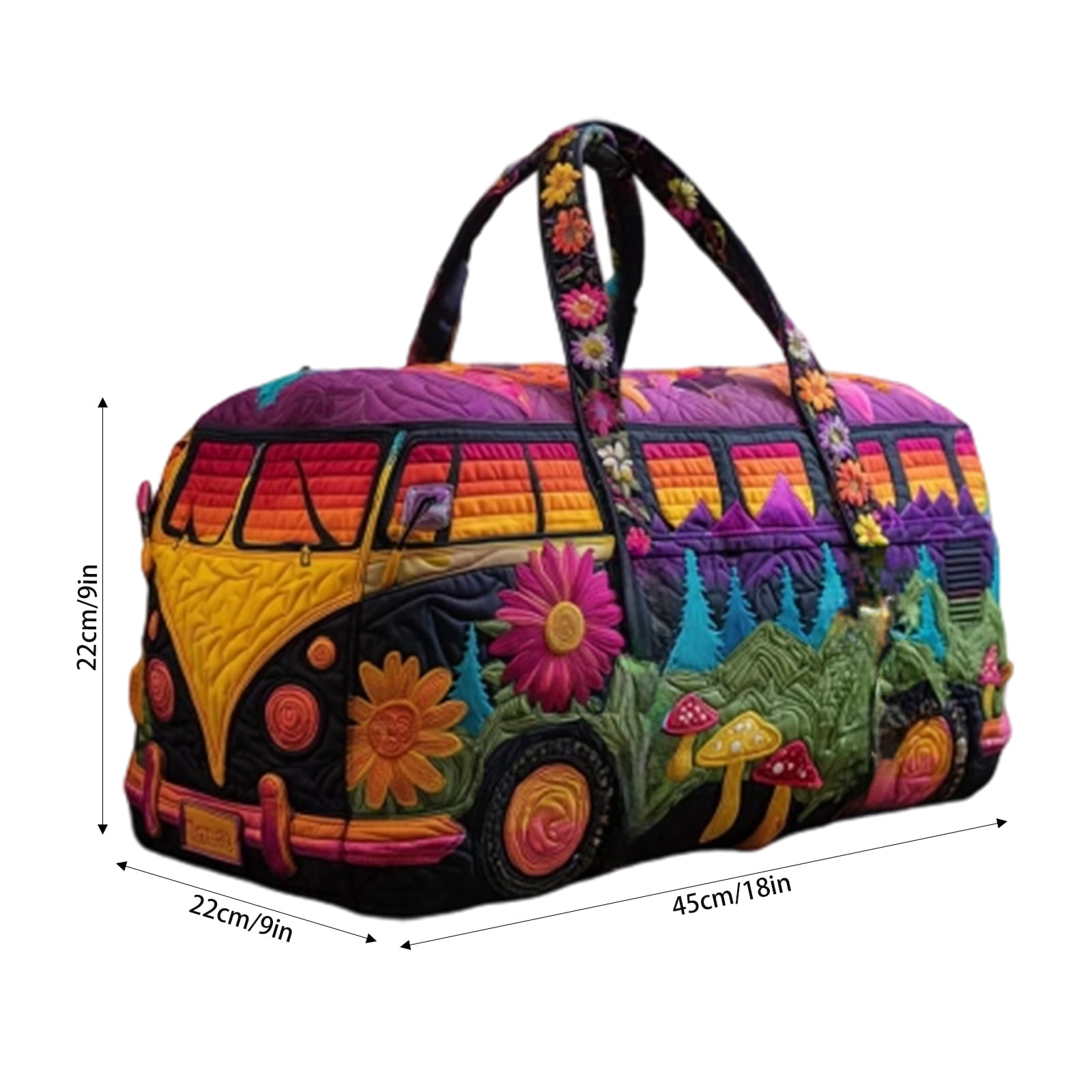 16x8x8 Inch Hippie Van Quilted Duffle Bag, Boho Travel Weekender Bag with Strap, Retro Style for Everyday Travel