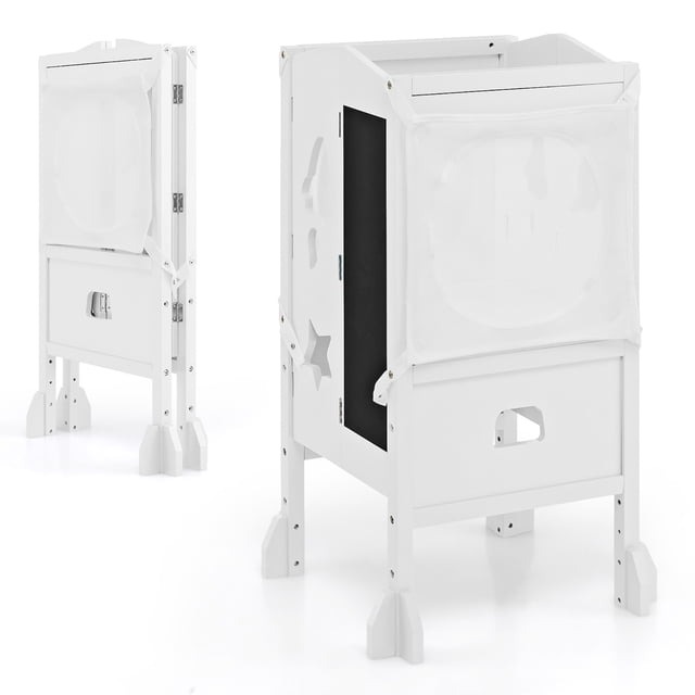 Costway Marchepied de Cuisine Pliant en Bois pour Enfants avec Hauteur Réglable et Filet de Sécurité