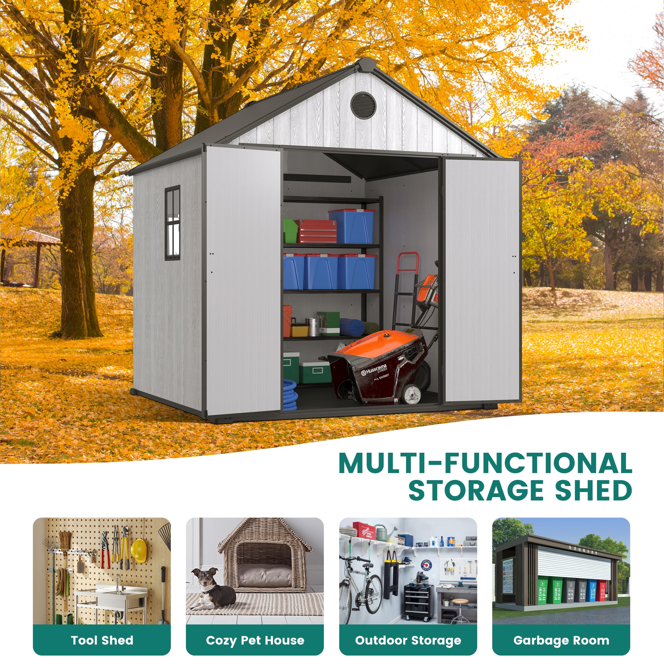 Enyopro 8×8 FT Storage Shed, Large Walk-in Outdoor Storage Shed, Heavy-Duty Resin Shed with Lockable Double Doors, Reinforced Roof, Windows & Floor, Weatherproof Garden Shed for Backyard Patio, Gray