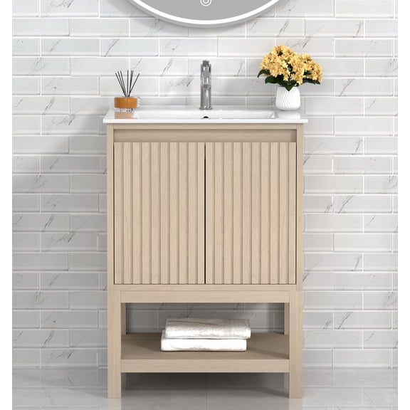 Mena 24" Single Bathroom Vanity, 24W x 18D x 34.5H, Porcelain Top & Sink, Coastal oak, MDF, Paper Laminate, Pre-Assembled, Soft-Close Doors, Grooved handles, Adjustable Feet.