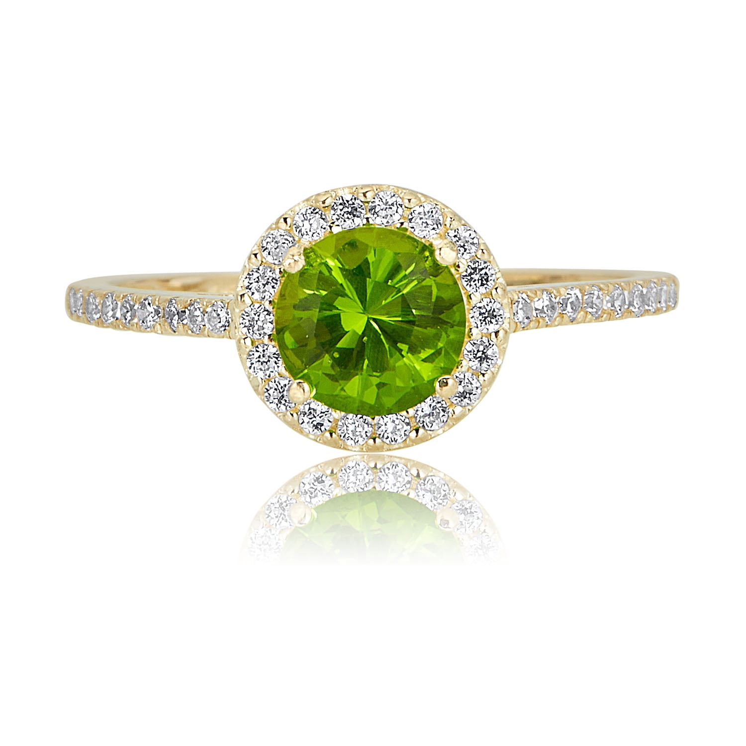 AVORA 10K Yellow Gold August Birthstone- Genuine Peridot with Simulated Diamond CZ Halo Fashion Ring  - Size 6
