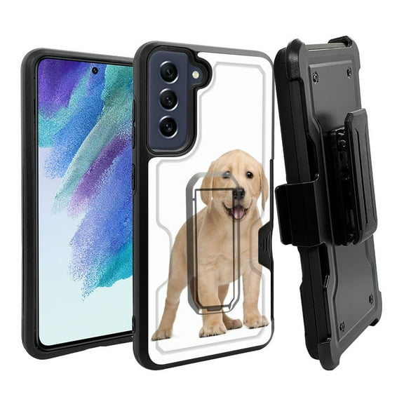 ANJ  Rugged Dual Layer Hybrid Holster Kickstand Case w/ Card Slot   Tempered Glass Cover for Samsung Galaxy S21 FE 5G - Lab Puppy