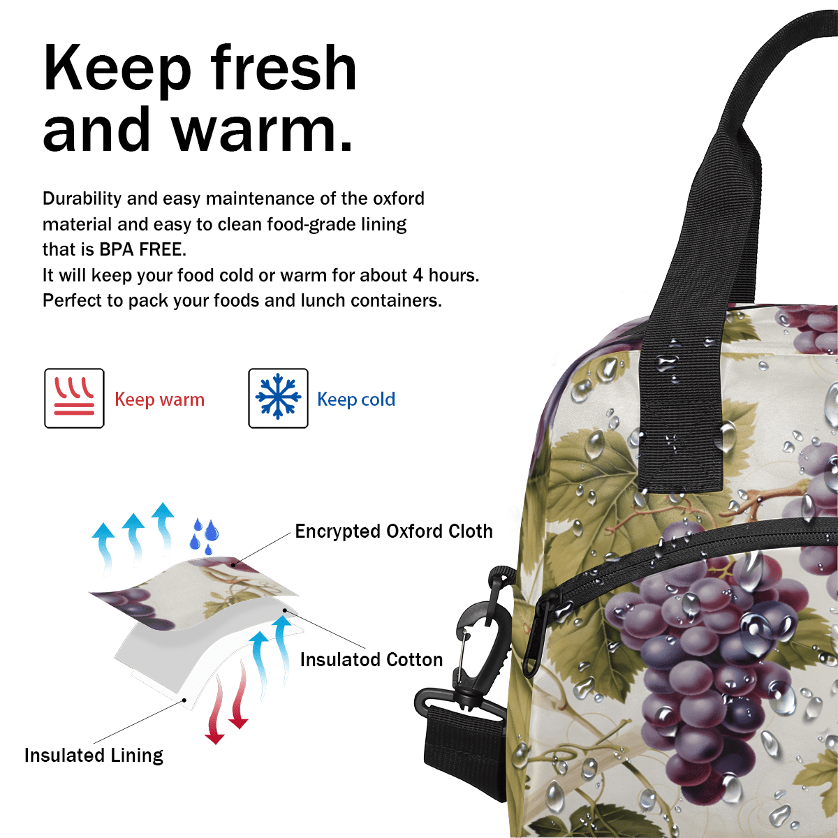 Herdesigns Purple Grapes Insulated Lunch Bag for Women Men Adults Large Reusable Lunch Box Leakproof Portable Cooler Tote Bags with Adjustable Shoulder Strap