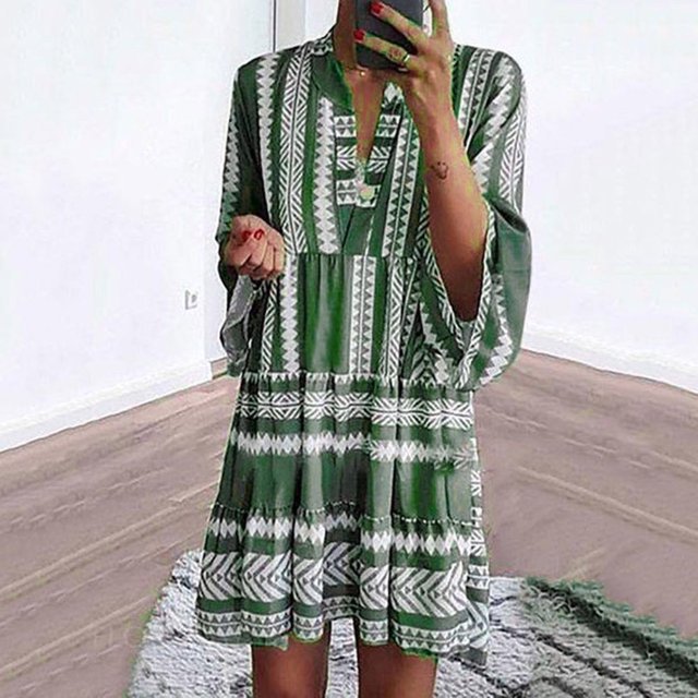 Femmes Manches Longues Boho Graphique Imprimé Robe en Vrac V-Cou Mini Robe