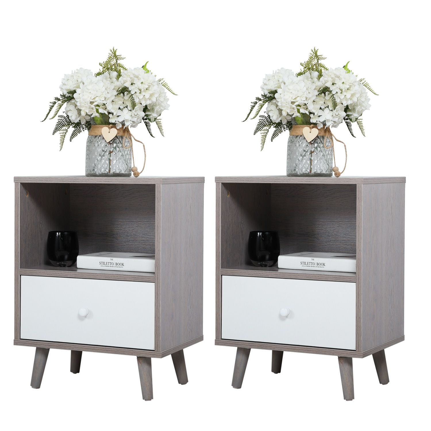 Modern Wood Nightstands with Drawer, Open Shelf and Solid Wood Legs, End Table for Living Room (2-Pack, Grey+White) Modern Wood Nightstands with Drawer, Open Shelf and Solid Wood Legs, End Table for Living Room (2-Pack, Grey+White)