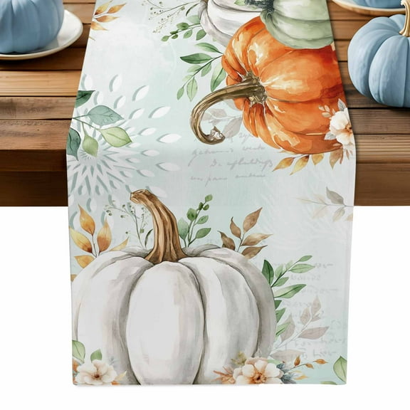 ERUNPONLY Autumn Leaves Table Runner - 70 Inch Long Thanksgiving Sage Green White Pumpkin Cotton and Linen Blended Dress Scarves Farmhouse Table Runner for Kitchen Dining, Coffee Table, 13" x 70"