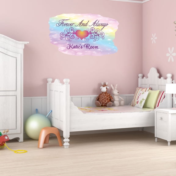 Girly Watercolor Custom Name Wall Decals for Bedroom - Rainbow Colored Background Floral Heart Floral Personalized Bedroom Wall Sticker Water Color Style - Size: 40 In x 24 In