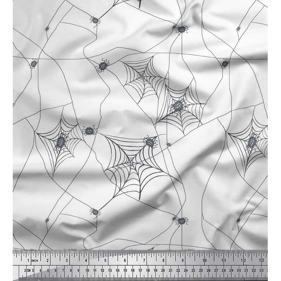 Soimoi White polyester Crepe Fabric Web & Spider Insects Print Sewing Fabric Yard 52 Inch Wide