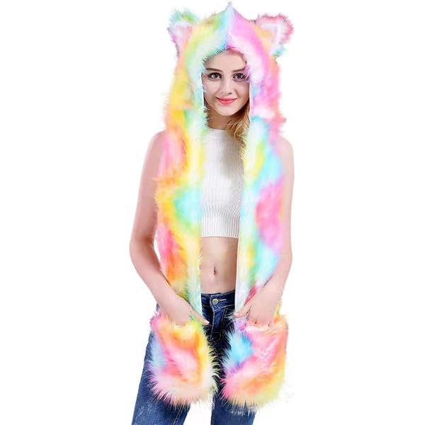 wonima44 Thickened Animal Hat Hood Faux Fur Hood Scarfs Full Pockets Ear Cap Hoodie Furry Gloves