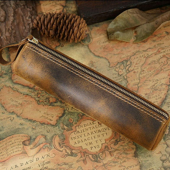 Handmade Cowhide Leather Pen Pouch Zipper Pencil Case Stationery Storage Pen Bag