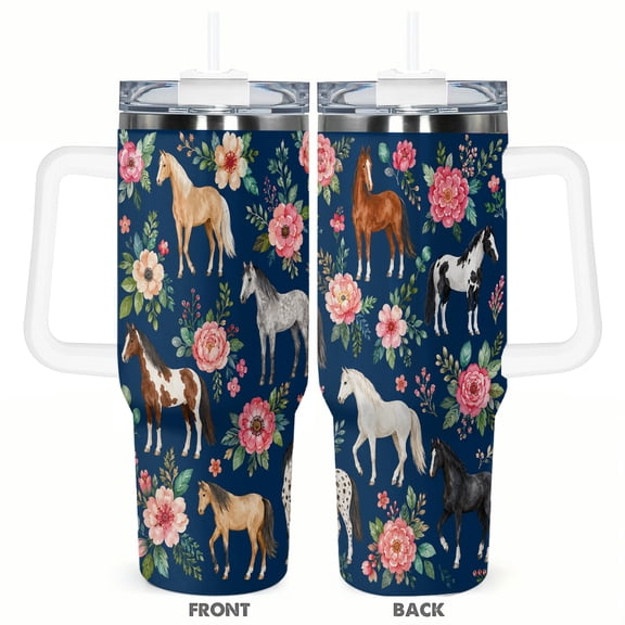 40oz Horse Floral Tumbler Insulated Car Cup Travel Coffee Cup Equestrian Gift for Women