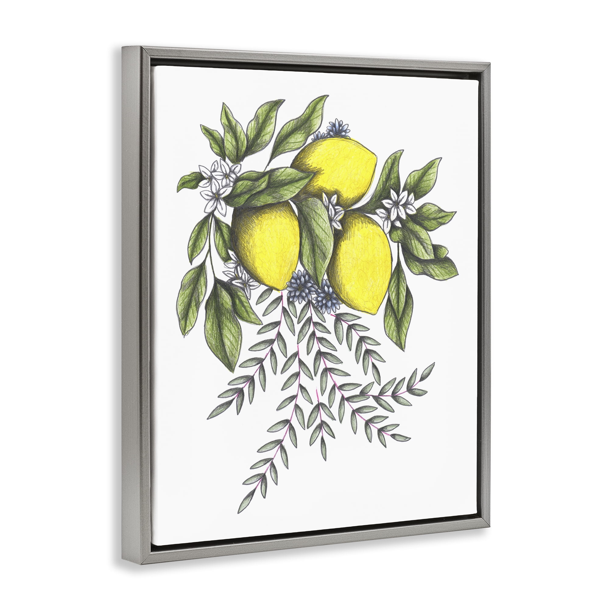 Lemons & Flowers Vintage Sketch Gray Framed Floater Canvas Wall Art, design by Cecilia Battaini