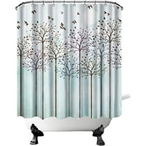 Trees Shower Curtain Autumn Forest with Birds Flying Above Bathroom Curtain Cool Color Fabric Home Decor with Hooks 72"×72" Inches Teal Brown