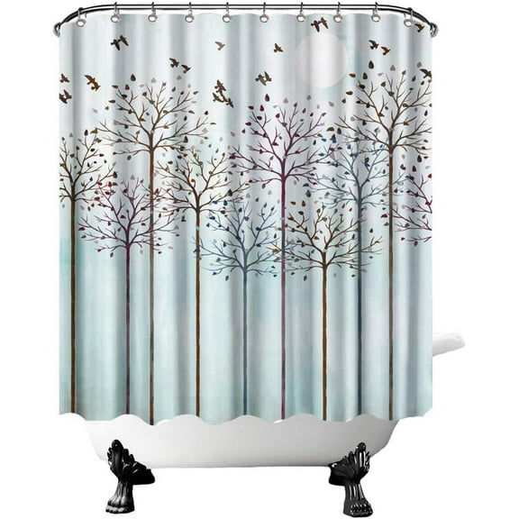 Trees Shower Curtain Autumn Forest with Birds Flying Above Bathroom Curtain Cool Color Fabric Home Decor with Hooks 72"×72" Inches Teal Brown