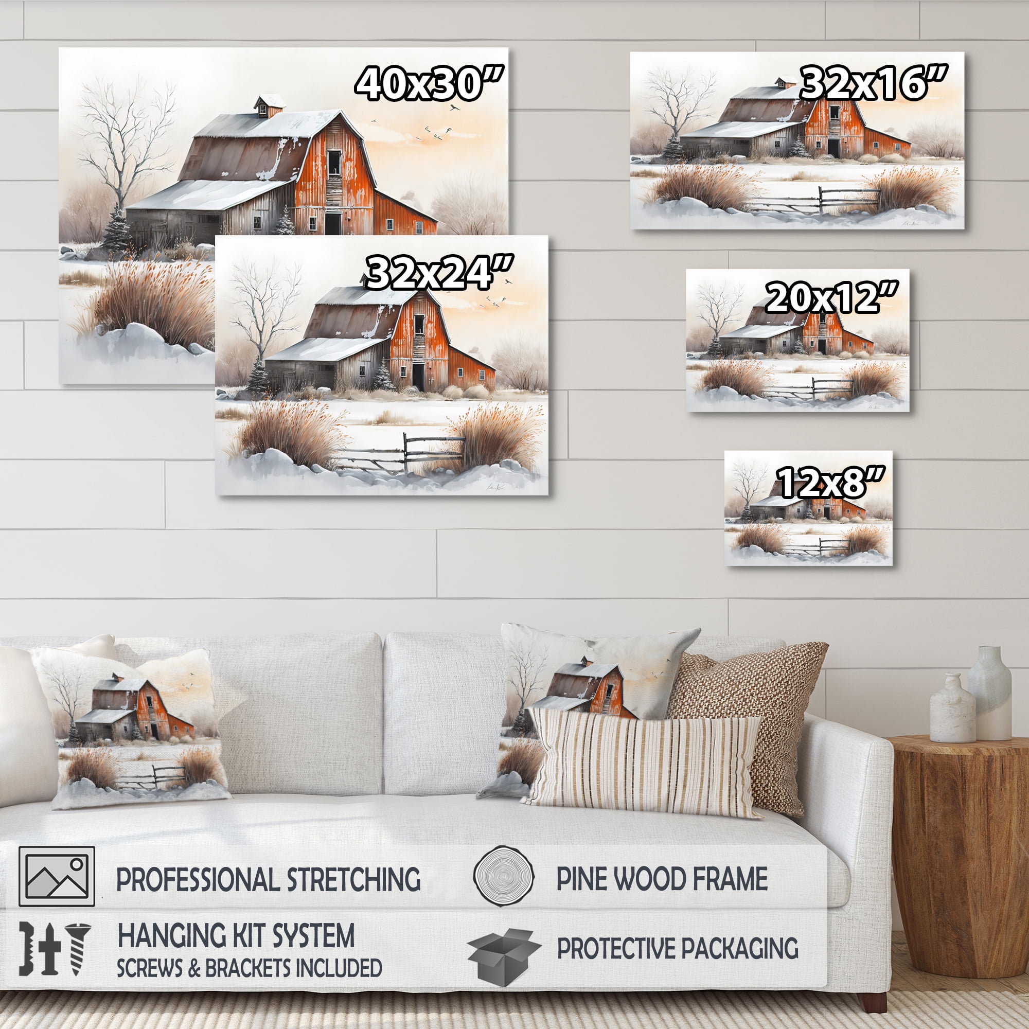 Designart Red Barn Scenery In Winter II Canvas Wall Art