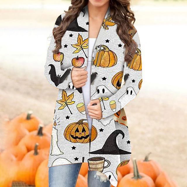 WREESH Mode Femmes Halloween Animal Chat Citrouille Imprimé Cardigan Manteau Blouse d'Automne