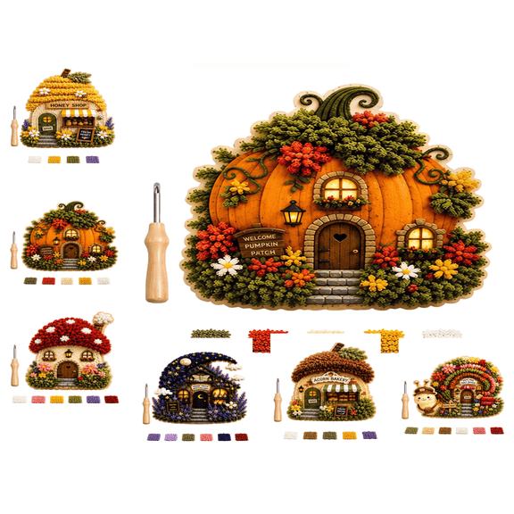Whimsical Village 3D Fabric Poke Art Kit, Pre-Cut Color Fabric Bundle with Easy Instructions, No Sew Skill Needed for Home Decor (Pumpkin Field Cottage)