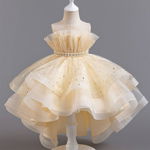 Girls' Summer Solid Color Short Sleeve Round-Neck Mesh Princess Dress Zi Shoulder Wedding Dress For Kids