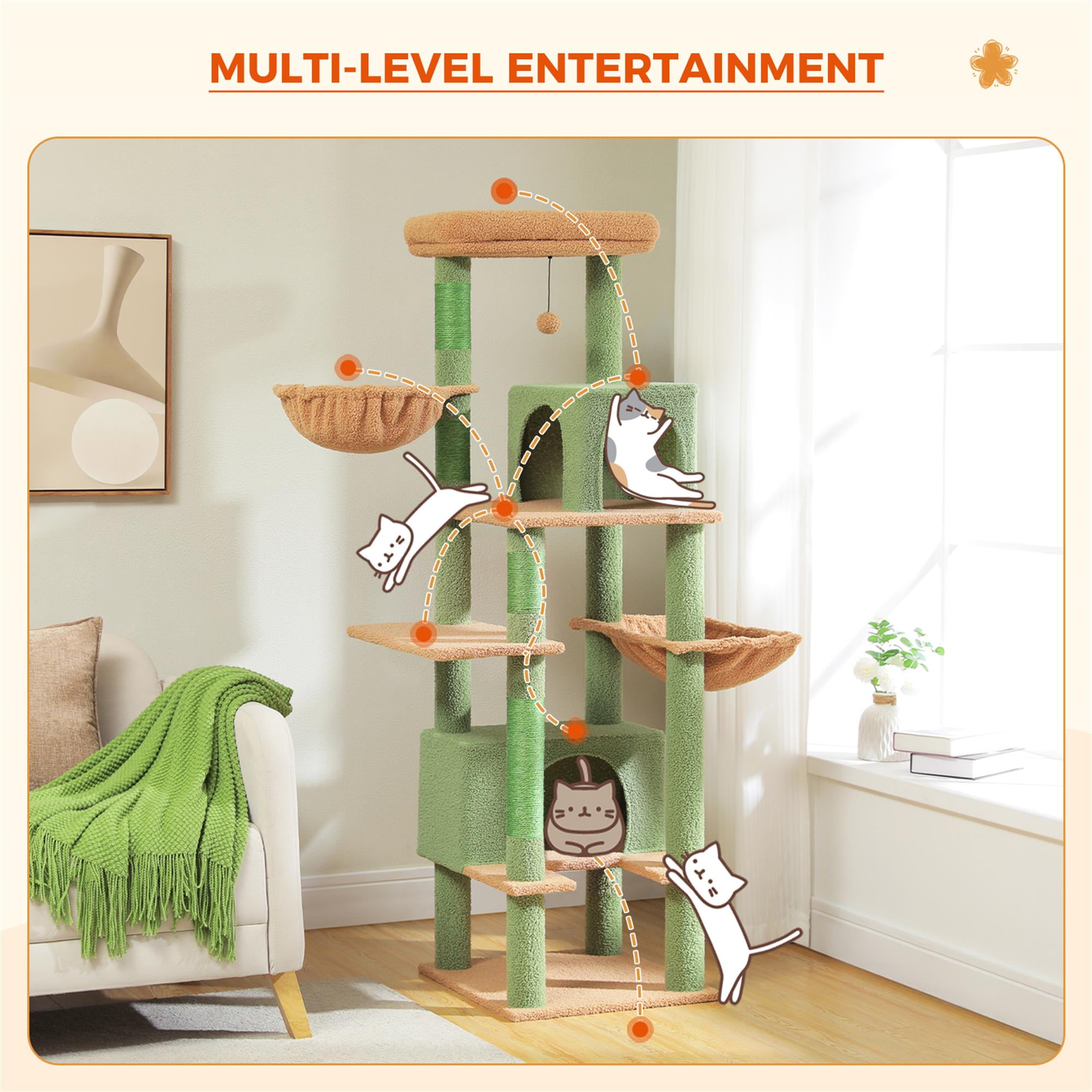Kadyn 66" Multi-Level Cat Tree Tower for Indoor with Sisal-Covered Scratching Posts, Cat Condo with Hammock and Deluxe Perch, Green