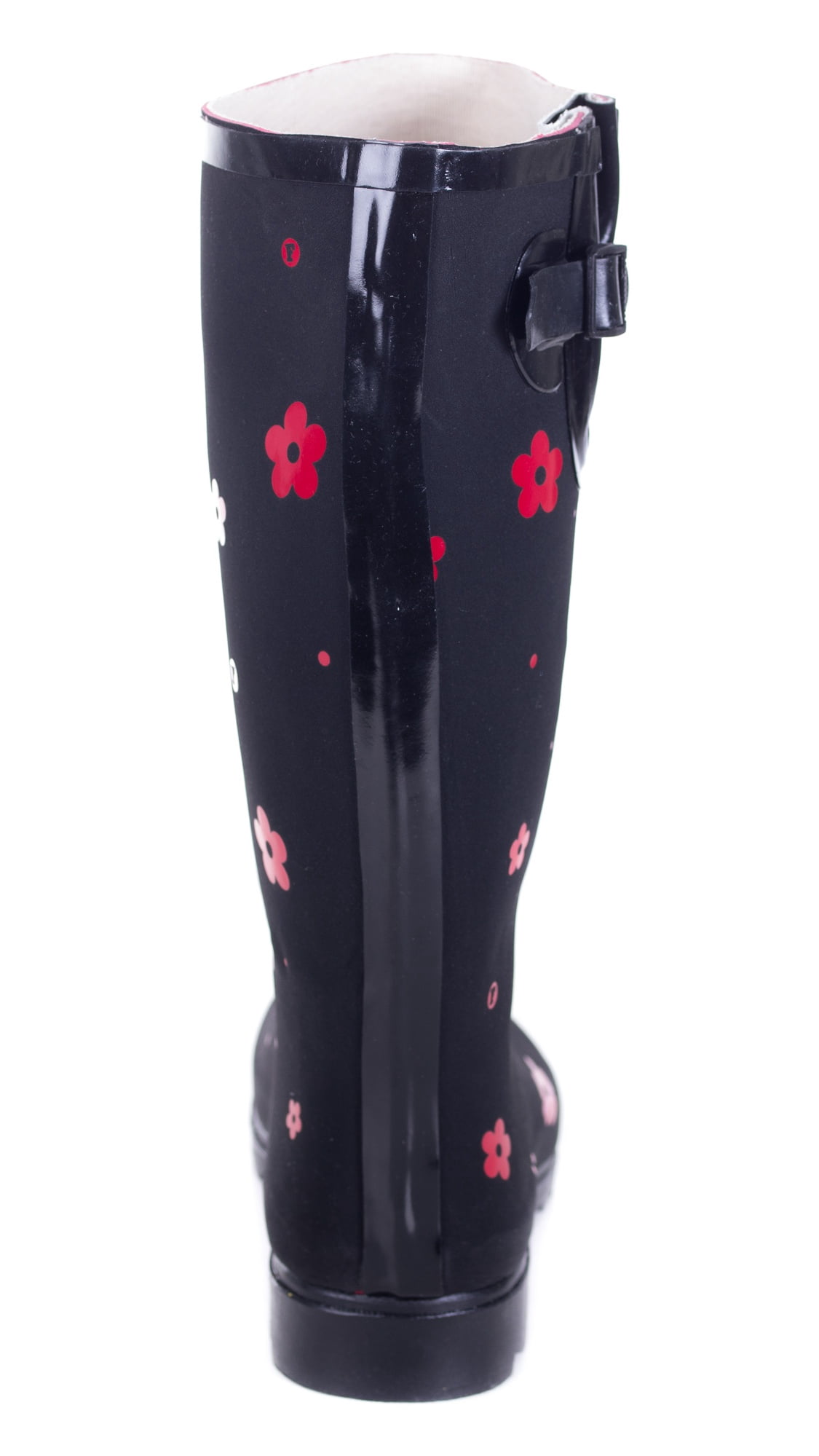 Women Rubber Rain Boots with Cotton Lining, Red Flower Matte Design