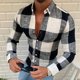 thumbnail image 1 of Blusa y camisa de manga larga con cuello vuelto para hombre, estilo informal, a la moda, con estampado de celosía y botones, con bolsillo tipo cárdigan, blusa de manga larga con cuello vuelto, blusa d, 1 of 6