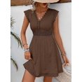 thumbnail image 5 of Coffee Brown Eyelet Lace V-Neck Short Sleeve A-Line Mini Dress, 5 of 6
