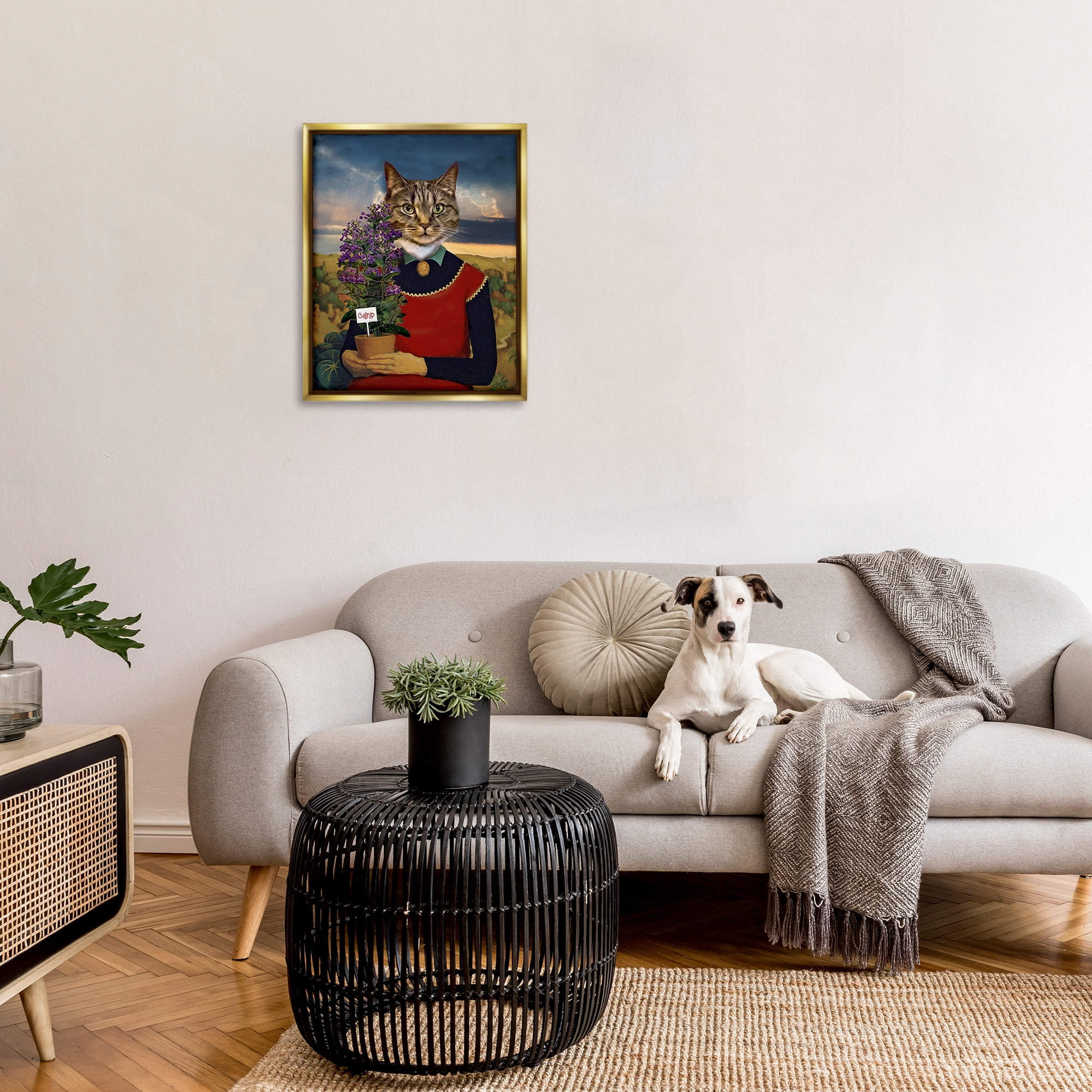 Stupell Industries Gardening Cat with Catnip Animals & Insects Painting Gold Floater Framed Canvas Art Print Wall Art, 25 x 31