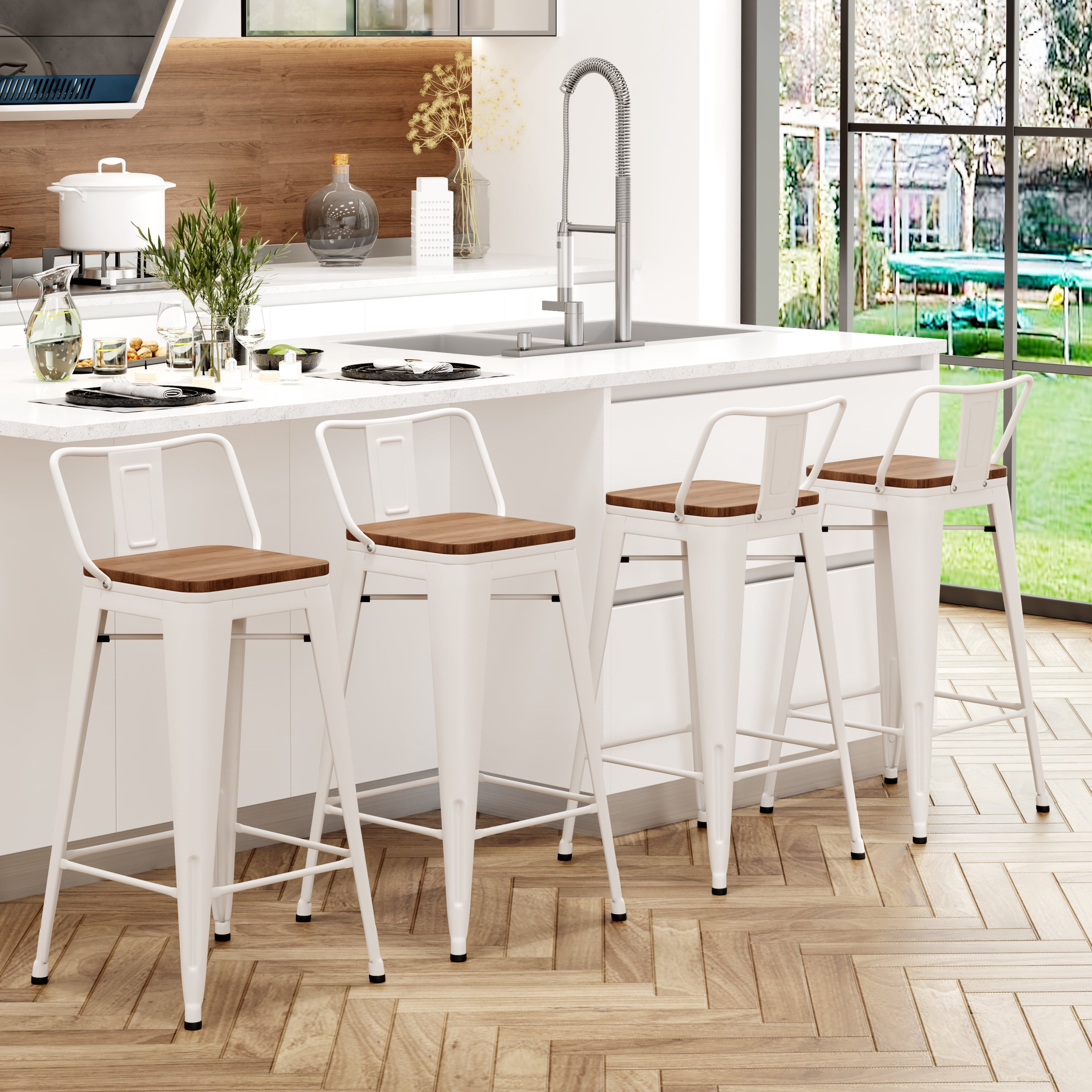 Andeworld Metal Bar Stools Set of 4 Industrial 26" Seat Height Counter Stools with Back Bar Chairs (Wooden Top Low Back, White)
