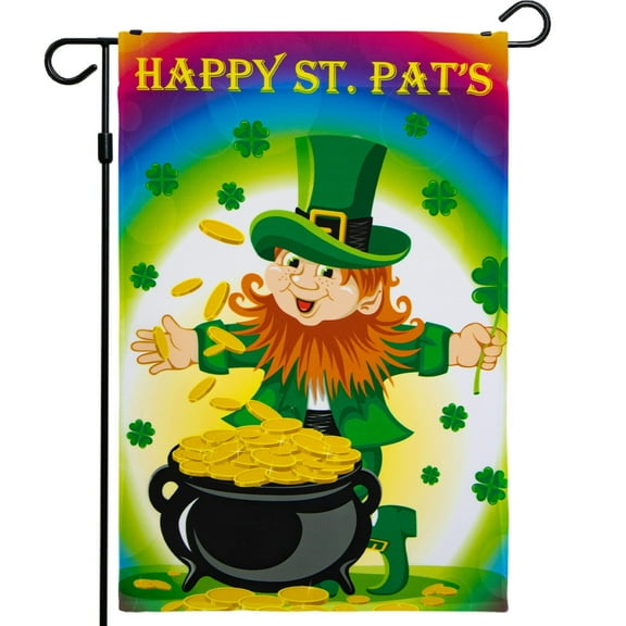 G128 - 12"x18" St. Patrick's Day Garden Flag Decoration Outdoor, Leprechaun with Pot of Gold
