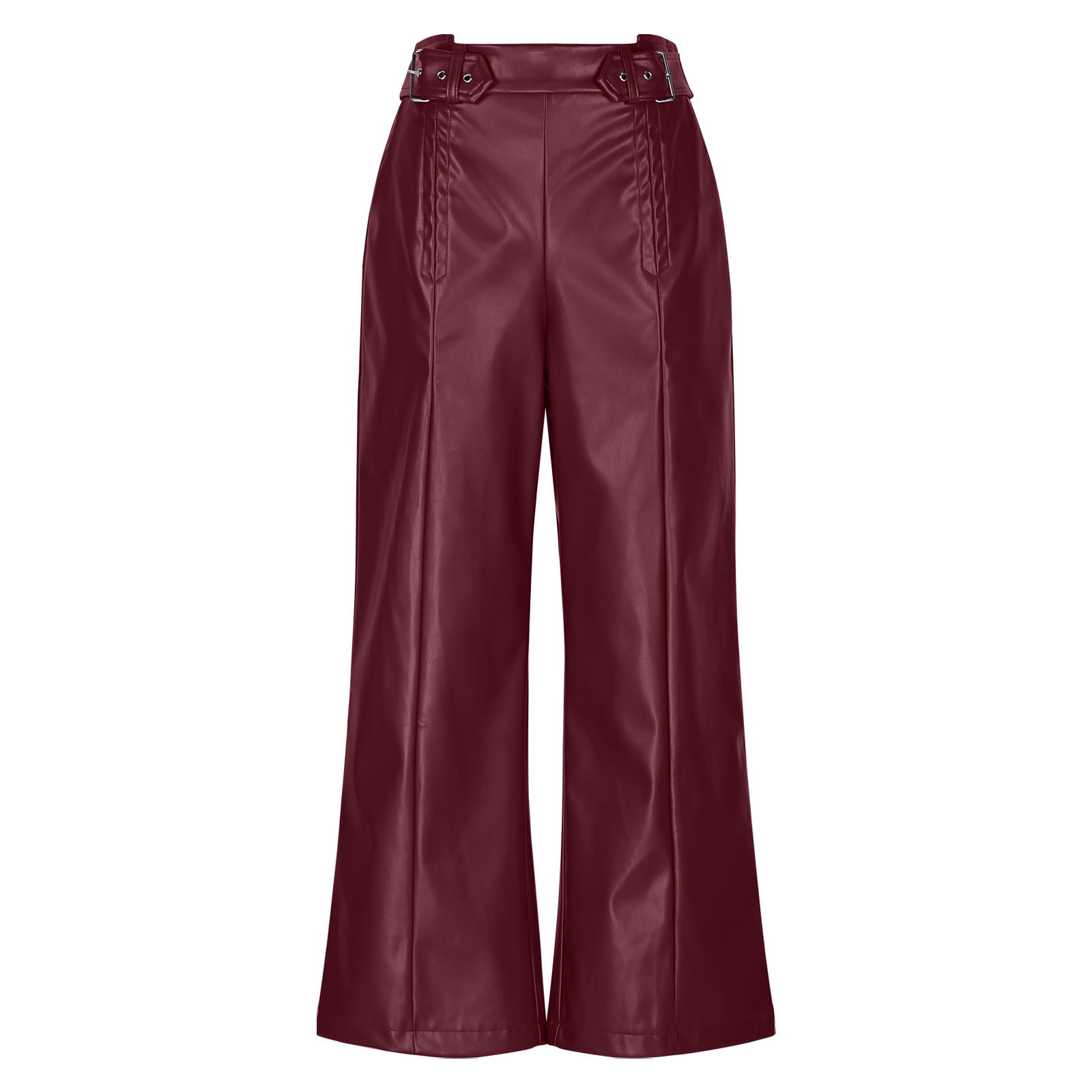 JGGSPWM High-Waist Wide Leg Pants with Belt for Women Sleek Faux Leather Trousers Wine S