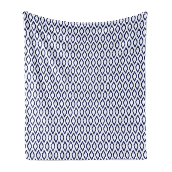 Ikat Soft Flannel Fleece Throw Blanket, Eastern Ornament in Blue Exotic Art Elements Curves Simple Design Print, Cozy Plush for Indoor and Outdoor Use, 70" x 90", Royal Blue and White, by Ambesonne