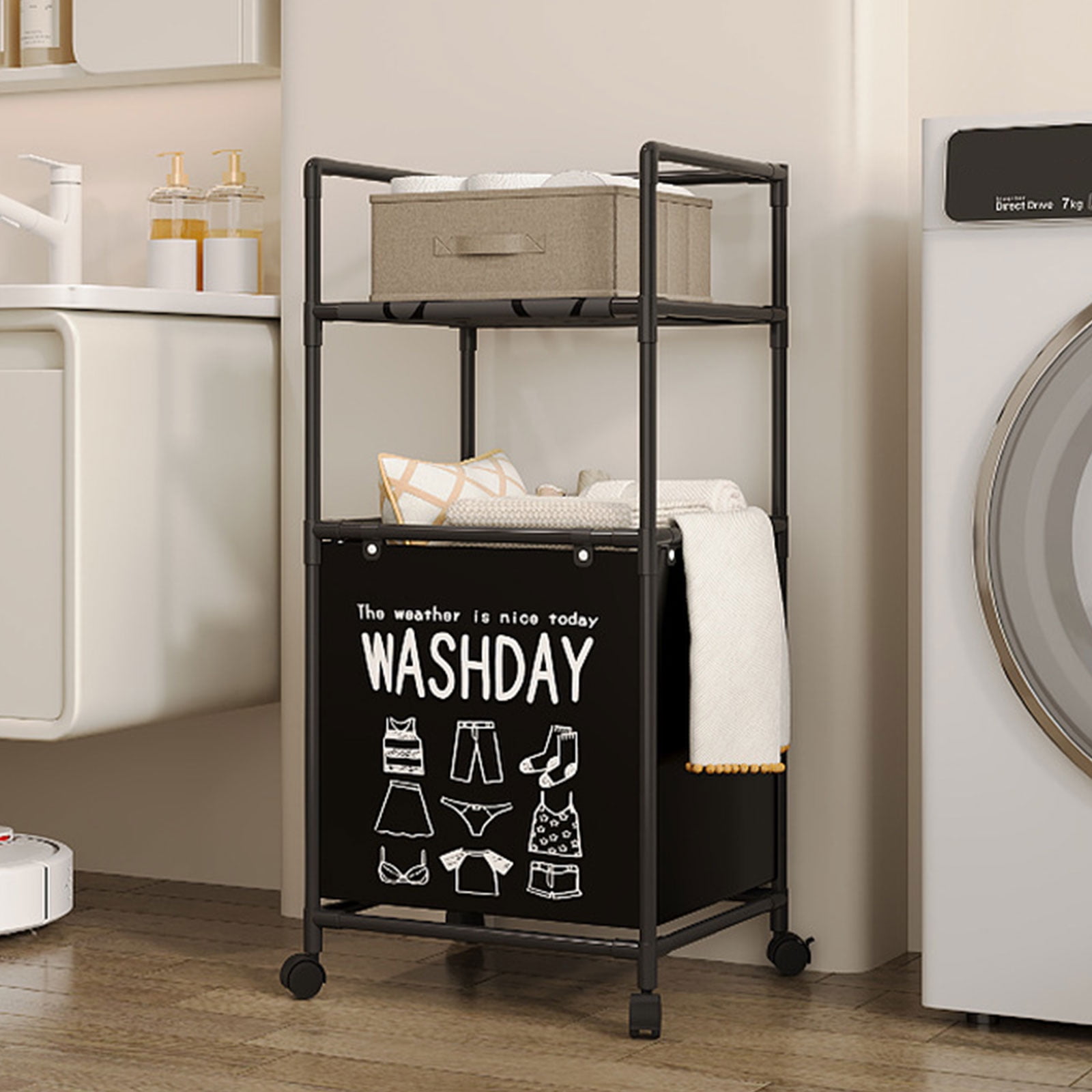 Expandable Laundry Hamper with Rolling Wheels Foldable Metal Frame Multiple Layer Storage Basket for Bedroom