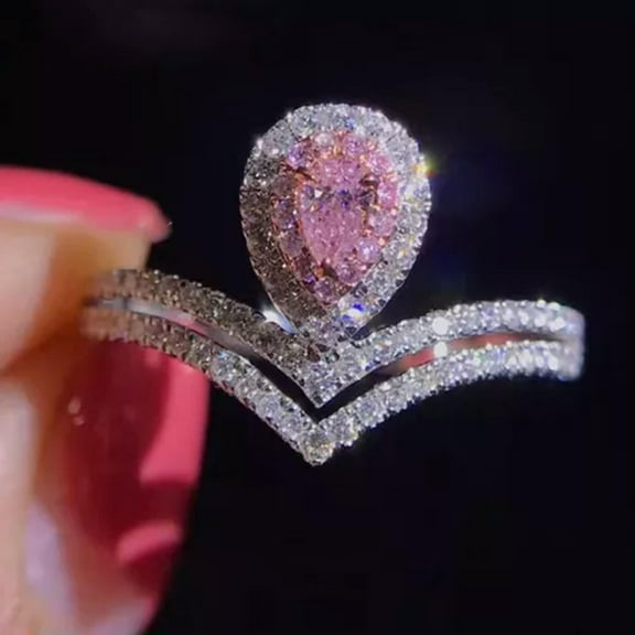 GKNET 925 Silver Rings Women Pink Crystal Zircon Crown Ring Delicate Jewelry Size 5-10-7