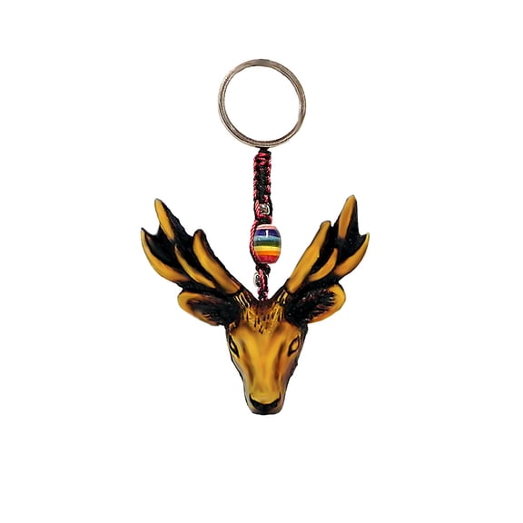 Deer Head Wildlife Animal 3D Figurine Keychain Multicolored Macramé Metal Ring - Handmade Gifts Boho Car Keys Bag Accessories