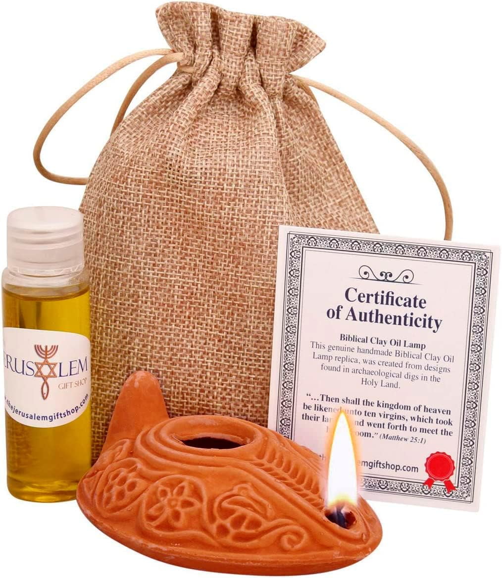 The Jerusalem Gift Shop Herodian Clay Oil Lamp Replica with Olive Oil – Small Decorative Lamp for Men & Women