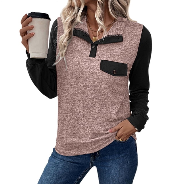 Blusa Holgada de Retazos con Cuello de Solapa y Botones de Larga con Bloques de Color para Mujer, Estilo Urbano Y2K Rosa M