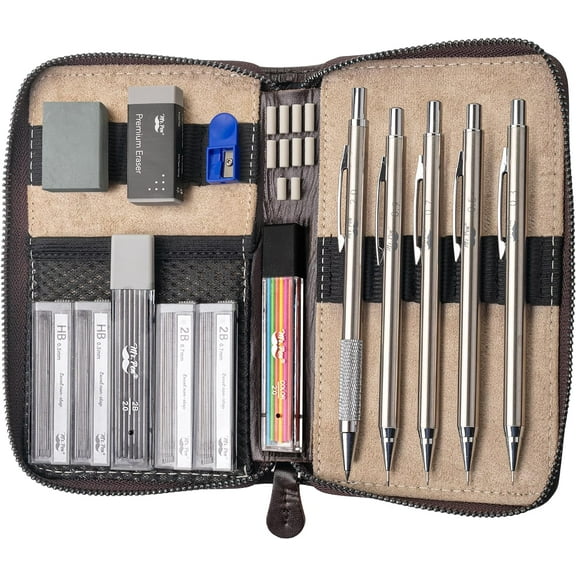Mr. Pen- Metal Mechanical Pencil Set in Leather Case, 5 Sizes, 0.3, 0.5, 0.7, 0.9, 2mm