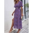 thumbnail image 5 of Purple Floral Wrap Maxi Dress With V-Neck Short Sleeves Belted Waist Flared Hem, 5 of 7