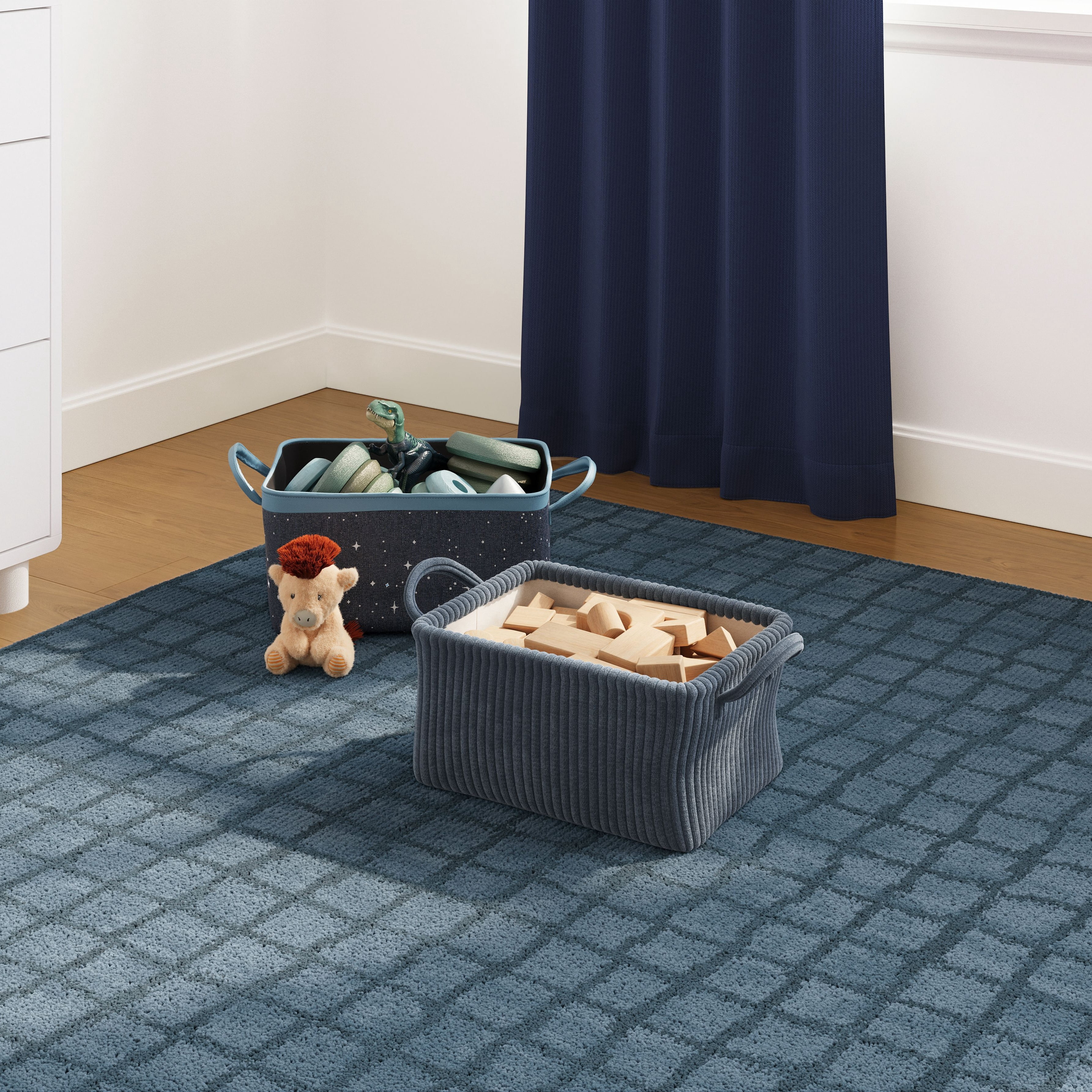 Mainstays Kids Medium Dark Blue Ribbed Corduroy Fabric Storage Basket with Handles
