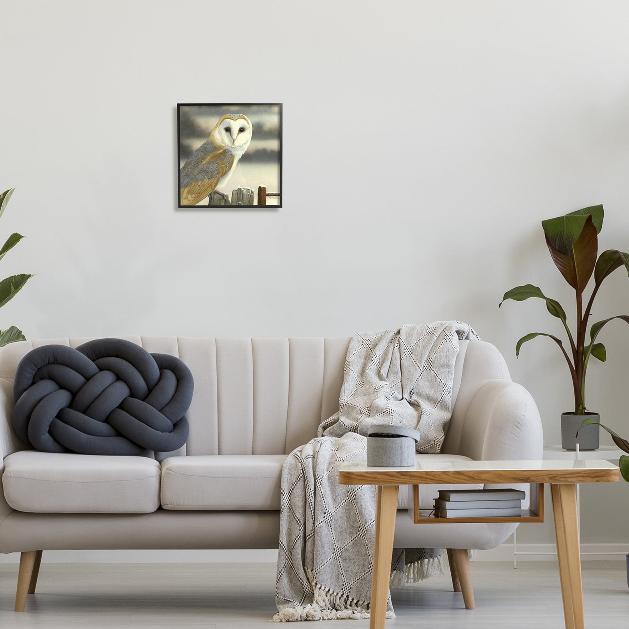 Stupell Industries Barn Owl Gazing Perched Niveous Rural Fence Painting Black Framed Art Print Wall Art, Design by Alan Weston