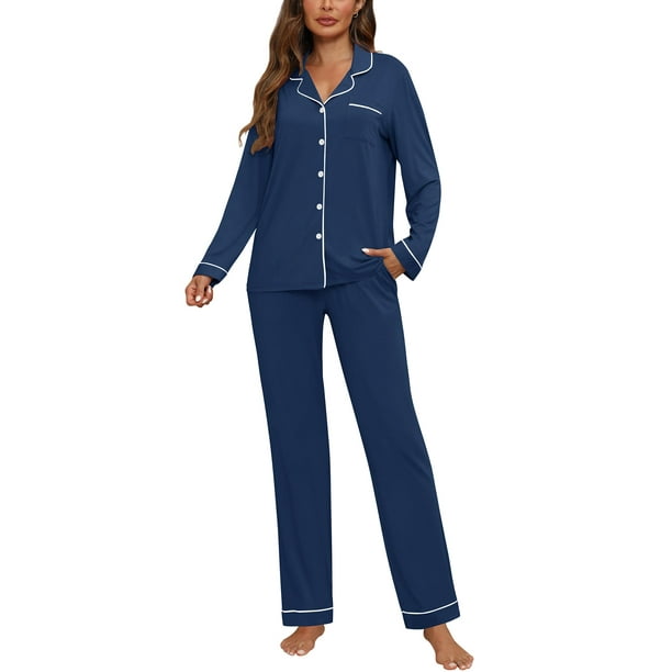Conjunto de pijama ZMJ para mujer, manga larga, 2 piezas, azul clásico, XL