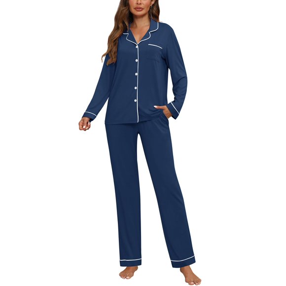 Conjunto de pijama ZMJ para mujer, manga larga, 2 piezas, azul clásico, XL